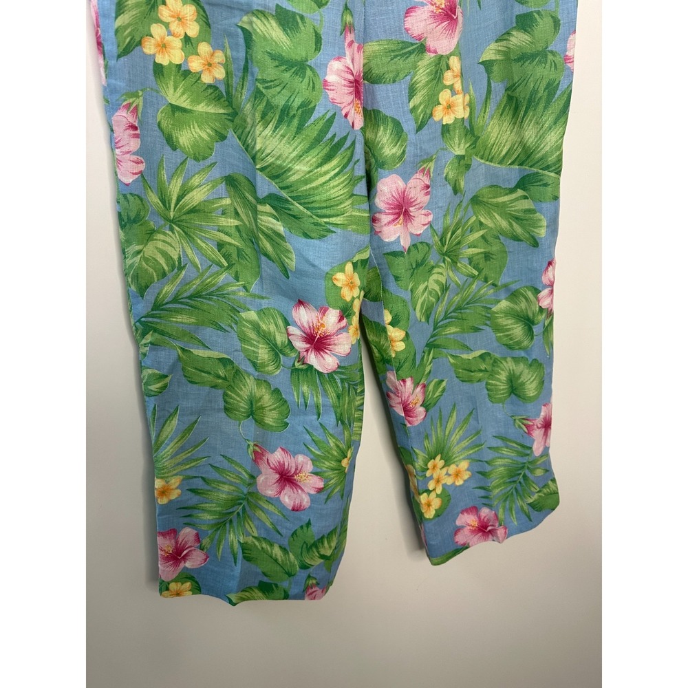 Shegos 100% Linen Pull On Crop Pants Tropical Hibiscus Floral Blue Pink Size 2 - Picture 5 of 10